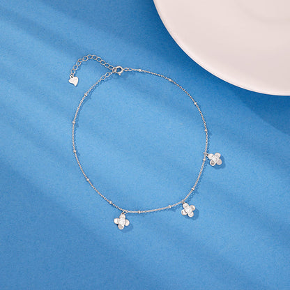 Silver Zircon Clover Charm Anklet