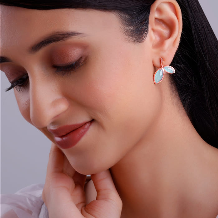 Rose Gold Aqua Dual Chalcedony Leaf Studs