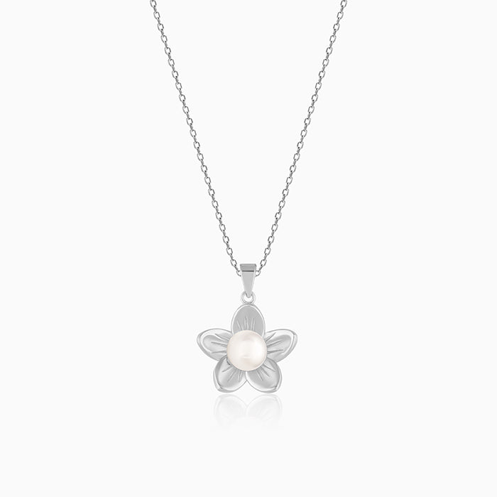 Silver Floral Pearl Pendant with Link Chain