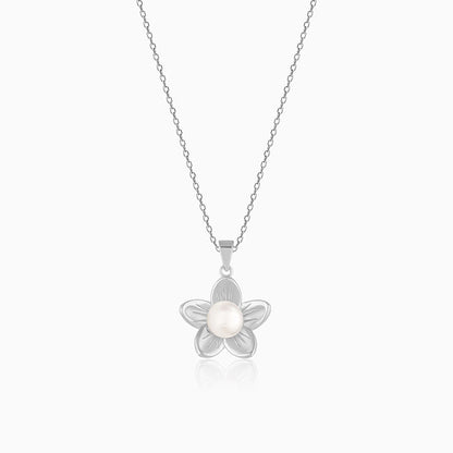 Silver Floral Pearl Pendant with Link Chain