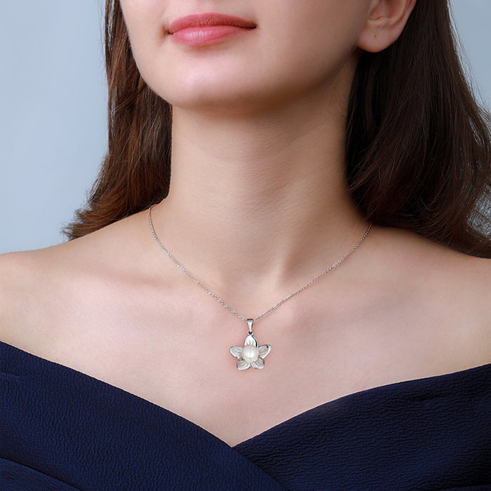 Silver Floral Pearl Pendant with Link Chain