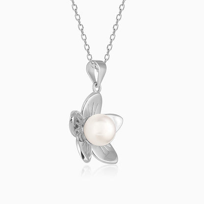 Silver Floral Pearl Pendant with Link Chain