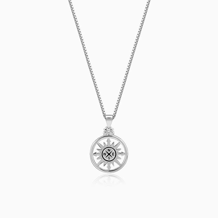 Silver Compass of Life Pendant with Box Chain For Him