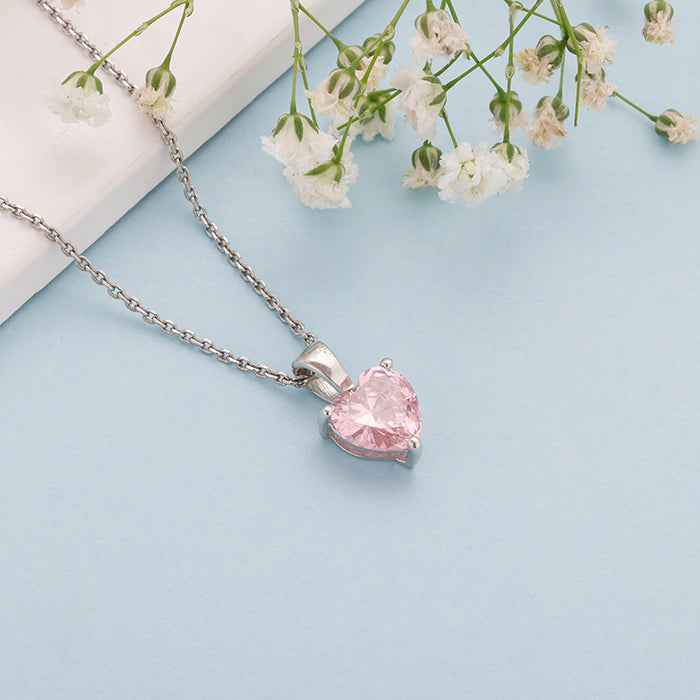 Silver Pink Heart Pendant with Link Chain