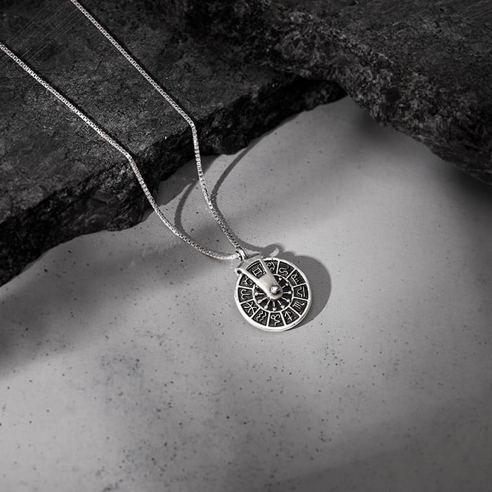 Oxidised Silver Zodiac Spin Pendant With Box Chain For Him