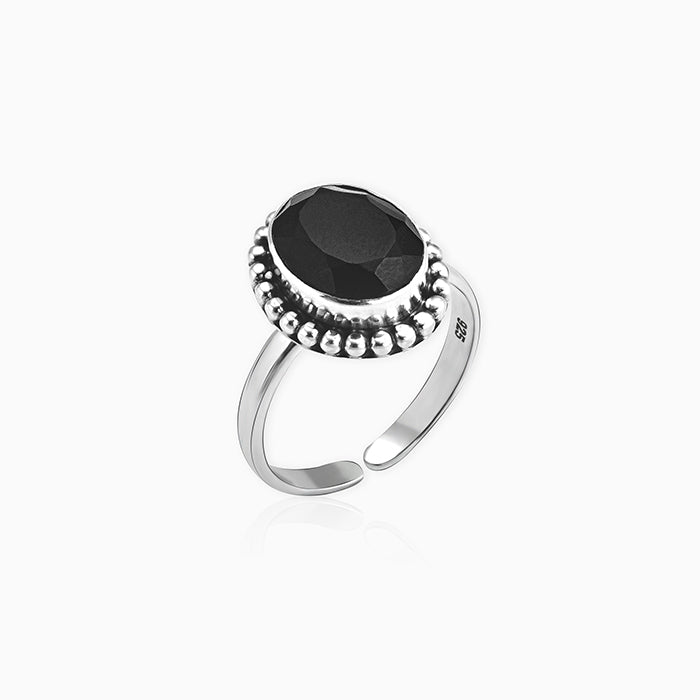 Silver Beady Black Ring