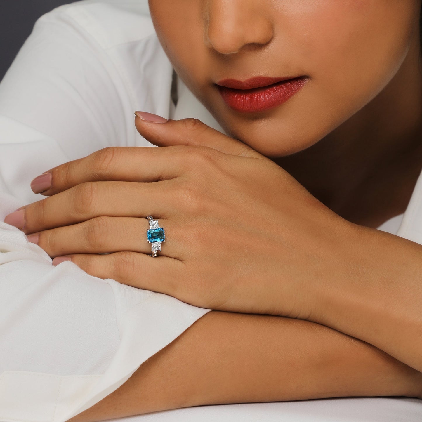 Silver Aqua Blue Baguette Ring